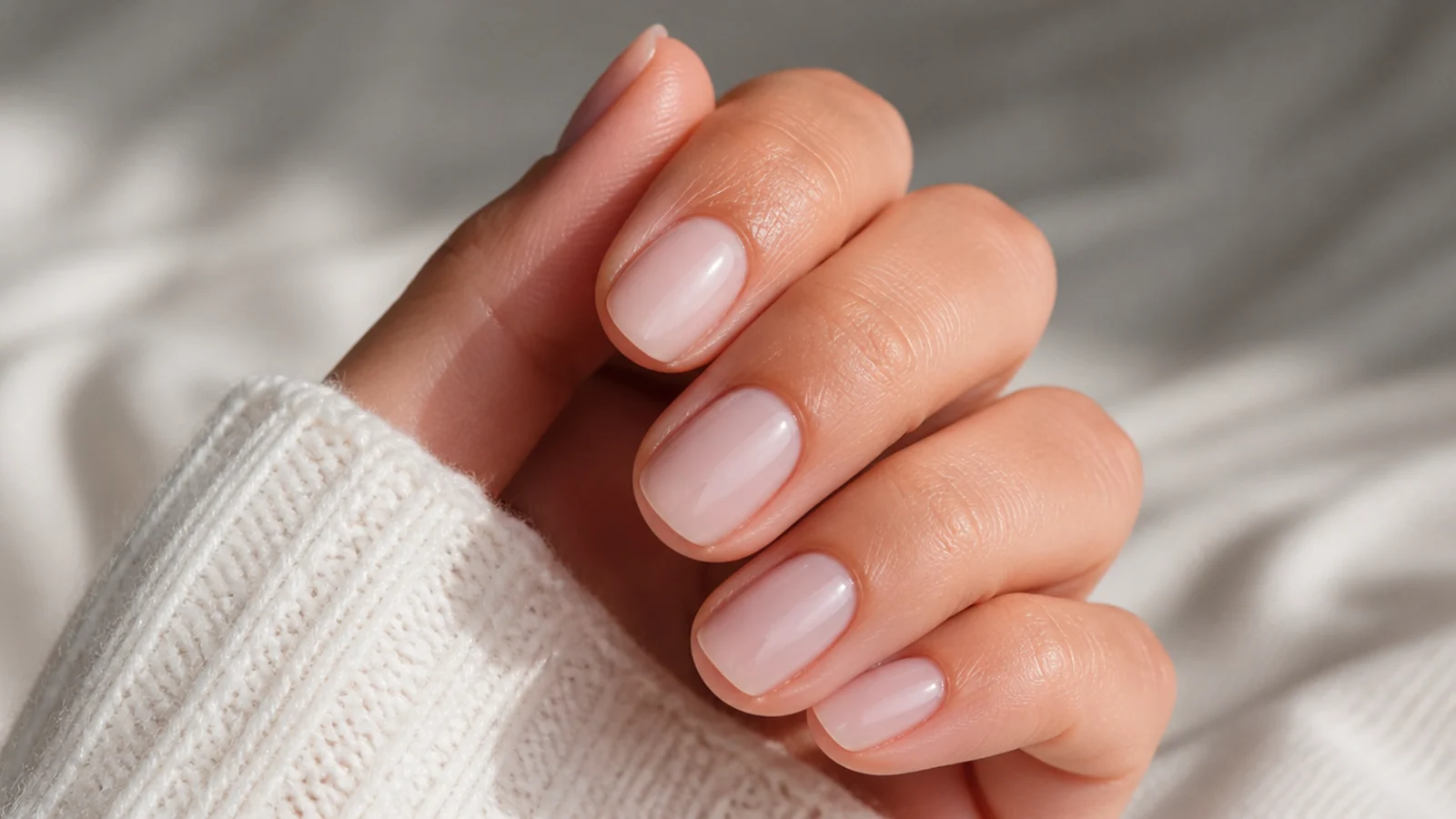 Oval nails in sheer pale pink Essie Ballet Slippers showing the natural nail through the color
