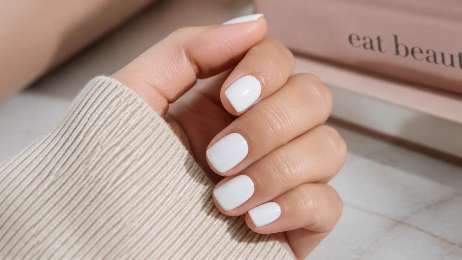 Short square nails in soft opaque white Essie Marshmallow with a creamy even finish
