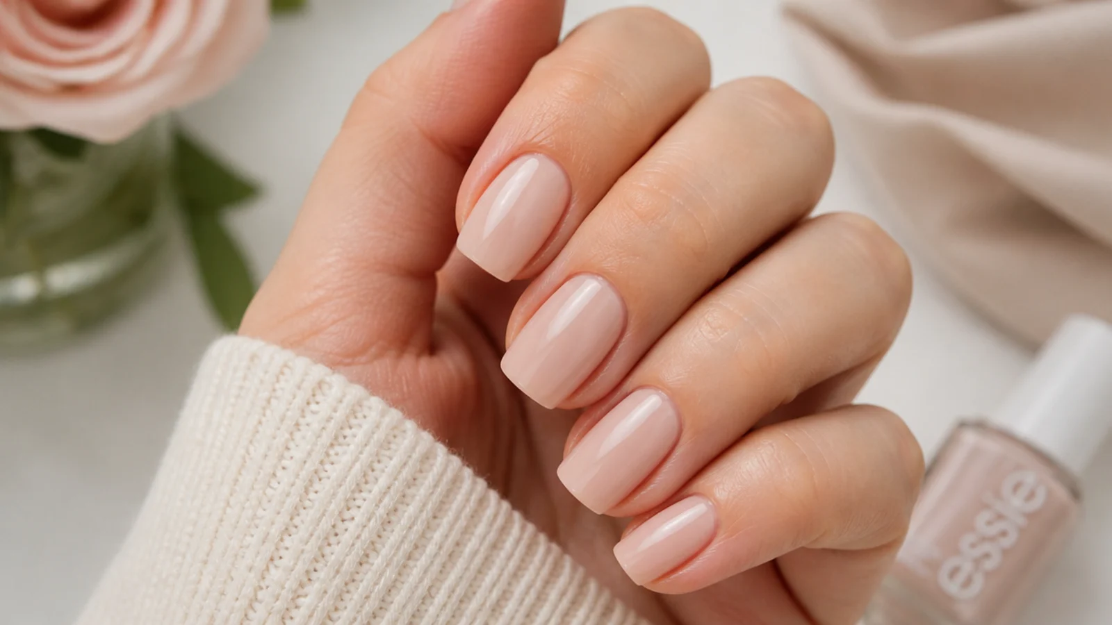 Medium nails in sheer beige nude Essie Topless and Barefoot with a natural glossy sheen