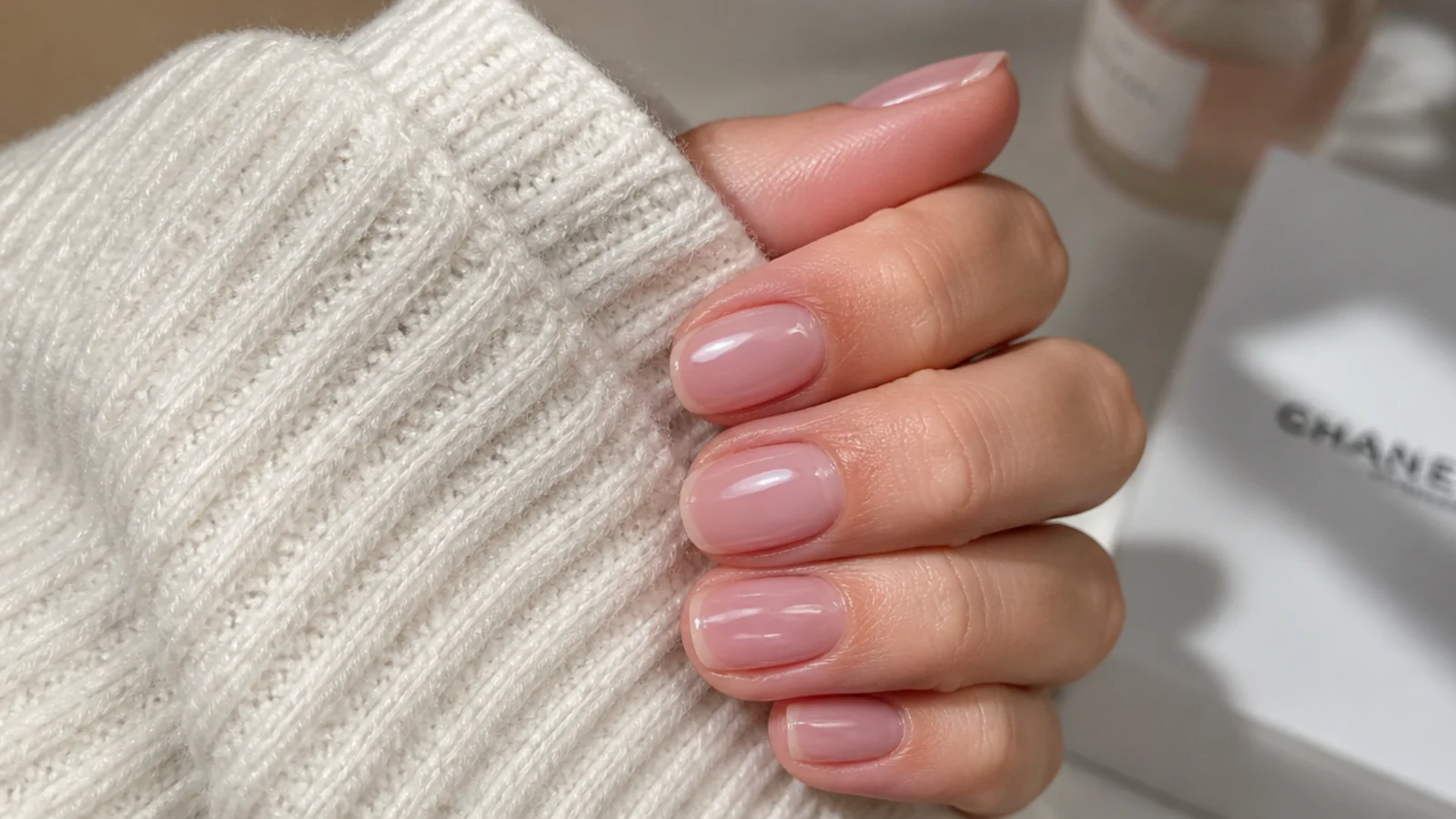 Short oval nails in sheer rosy nude Chanel Ballerina with a high gloss glassy finish