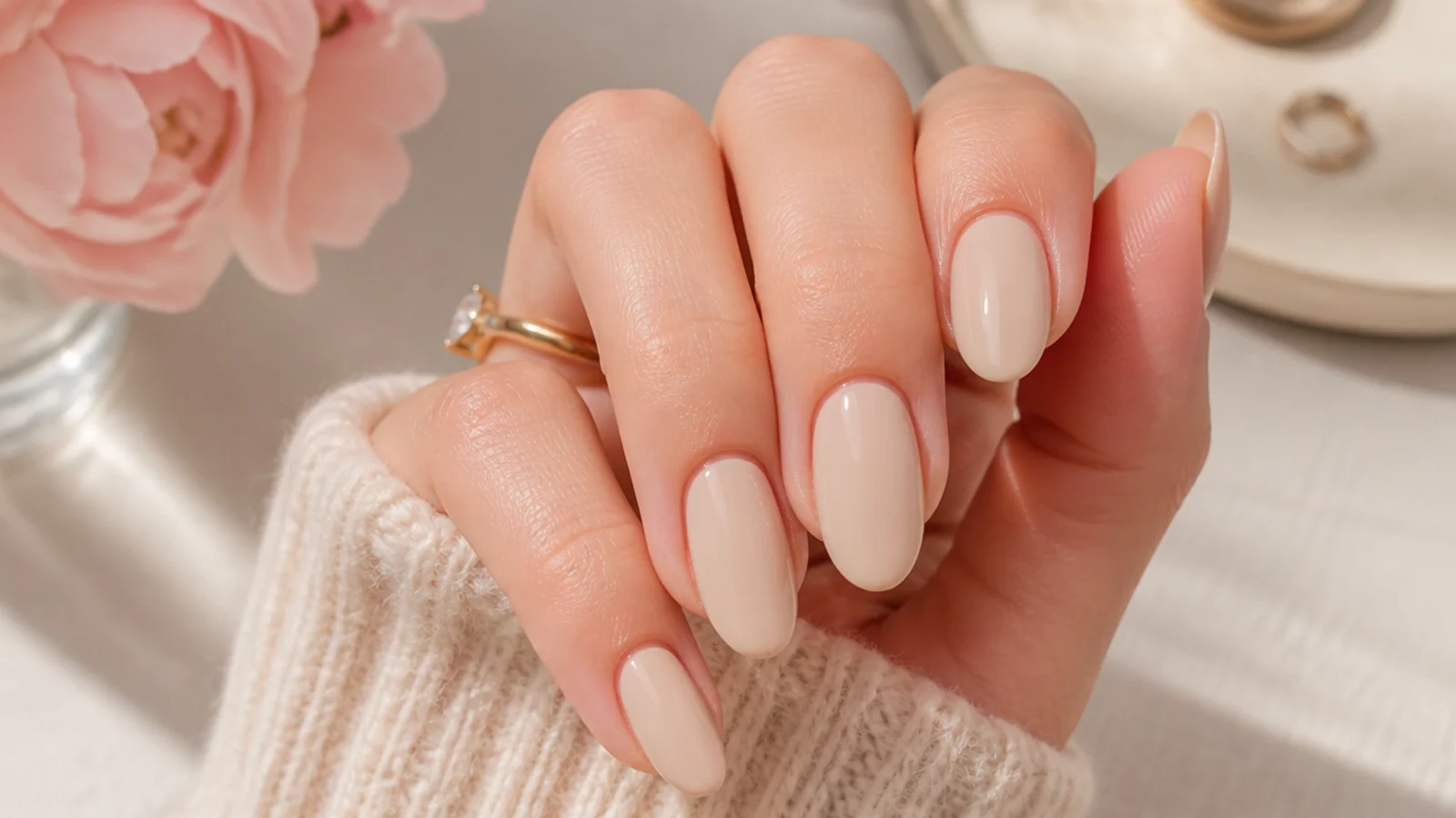 Medium almond nails in creamy opaque beige nude OPI Tickle My France-y with a smooth finish