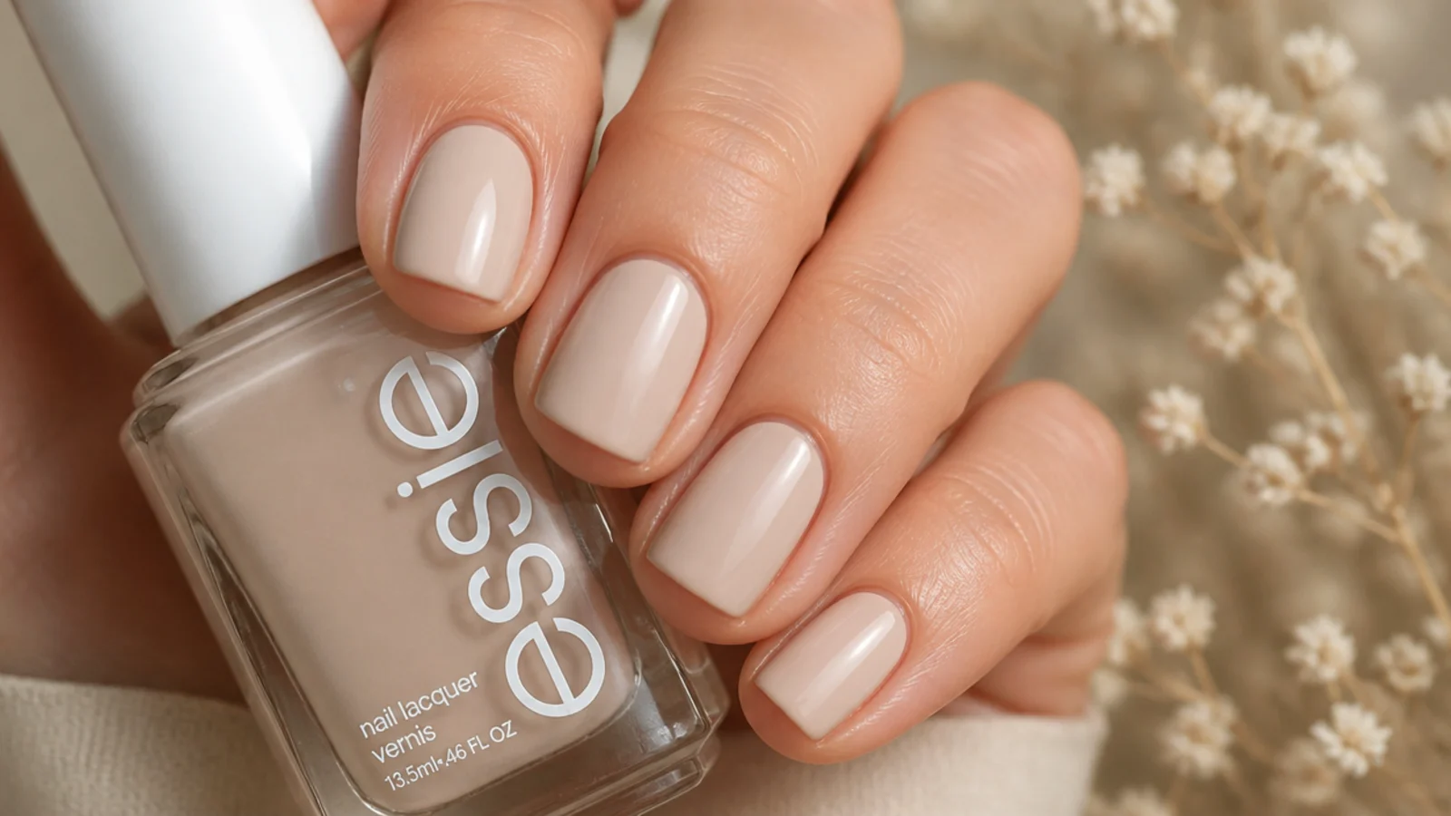 Short squoval nails in warm sand beige Essie Sand Tropez with a soft creamy finish