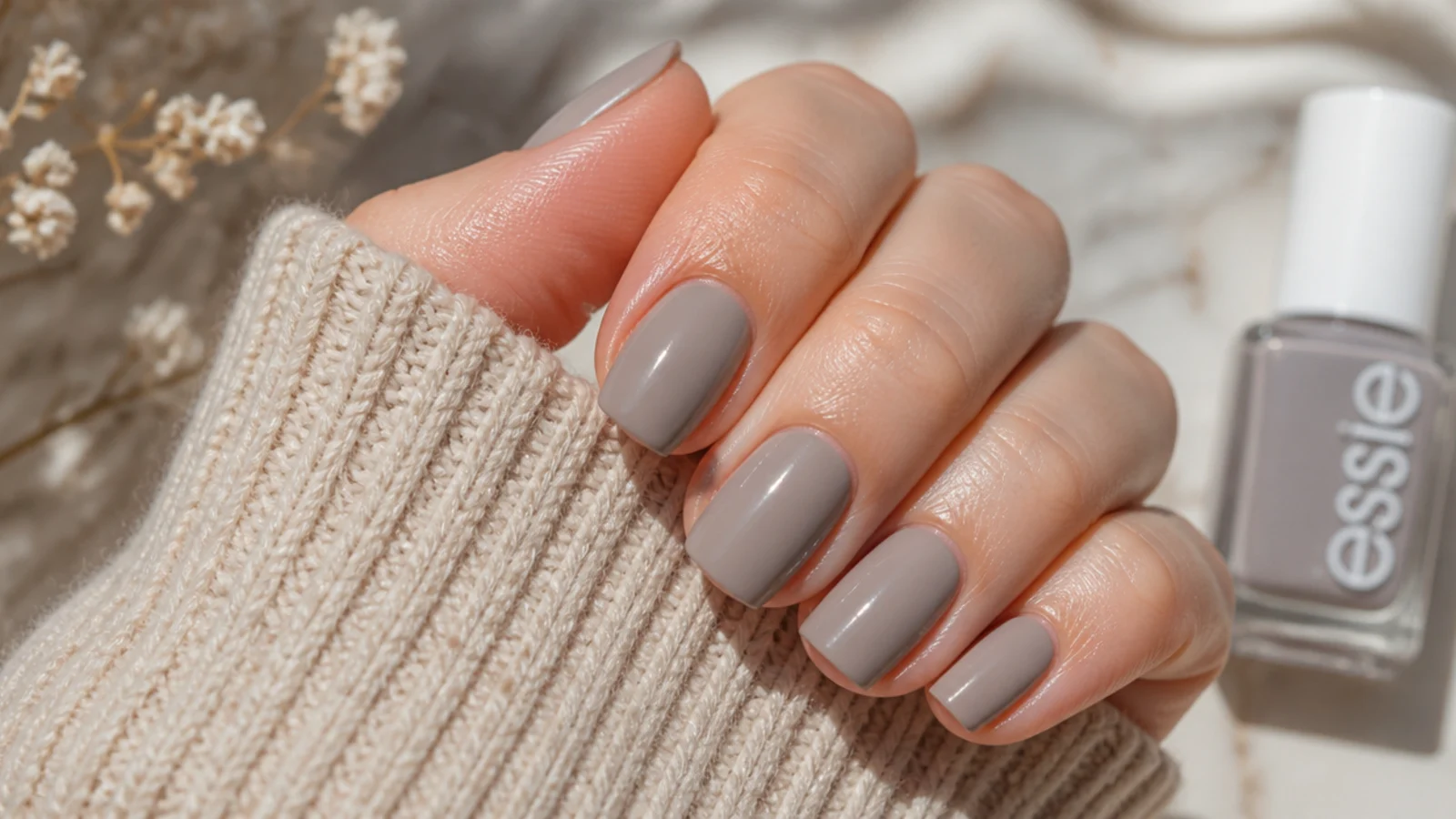 Medium nails in cool taupe gray Essie Chinchilly with an opaque satin finish