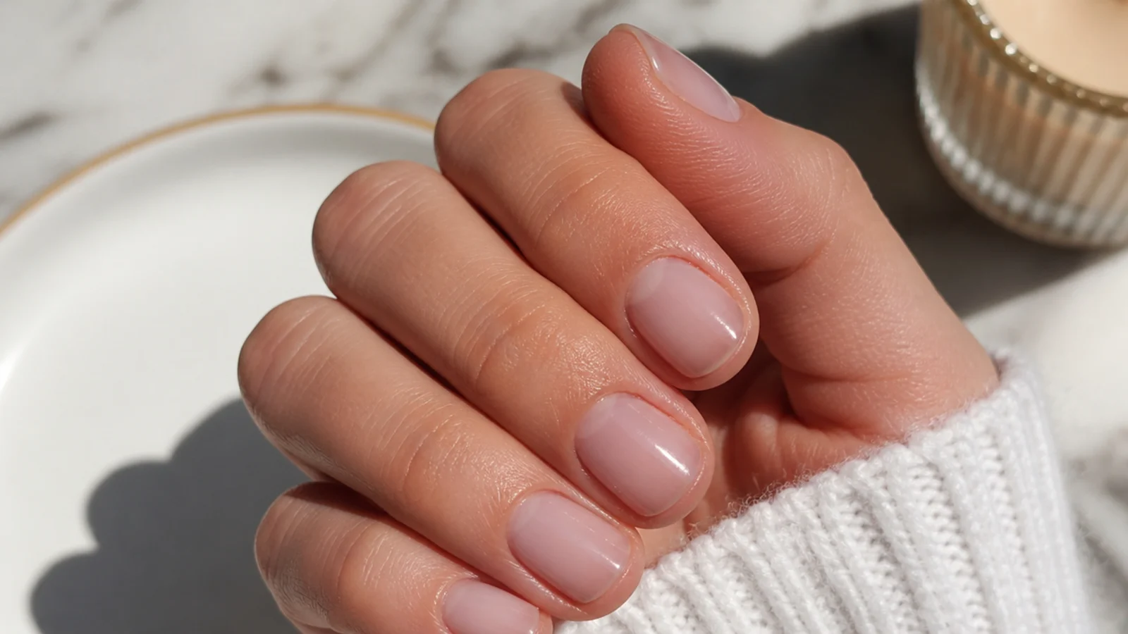 Short gel manicure in misty sheer nude DND Daisy Perfect Nude with a hard glossy shine