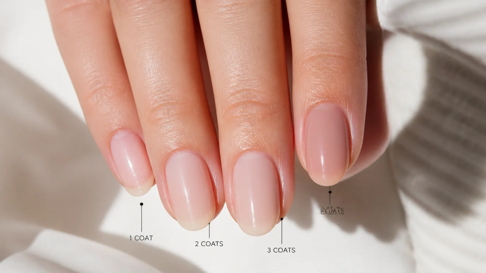 One nail painted in three sections showing a sheer nude polish at one, two and three coats