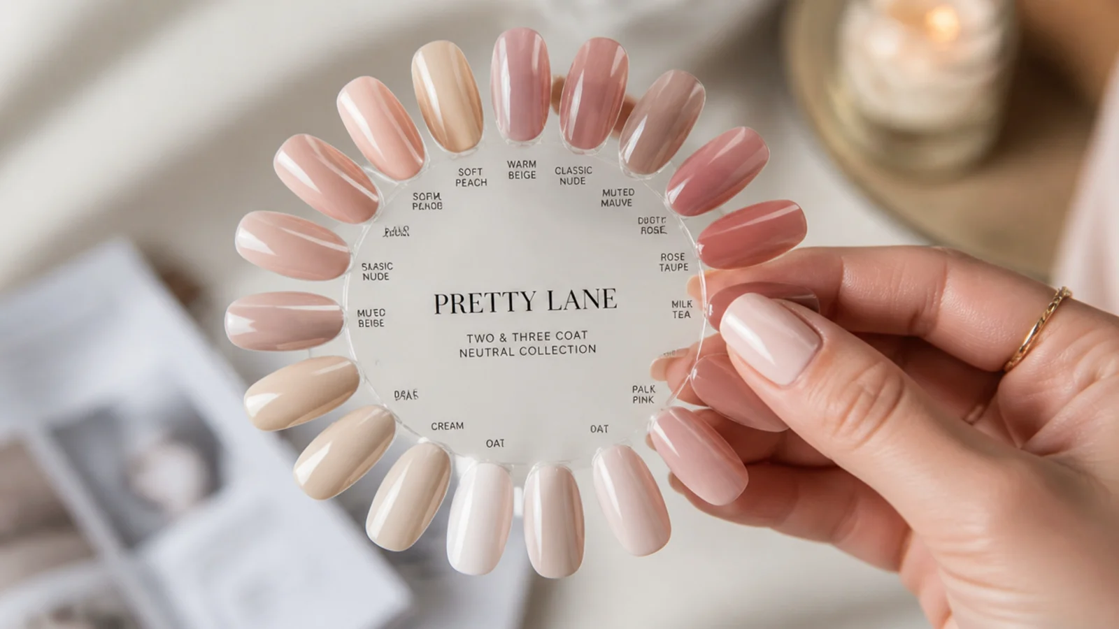 Nail swatch wheel showing twelve neutral polish shades painted in two and three coat sections