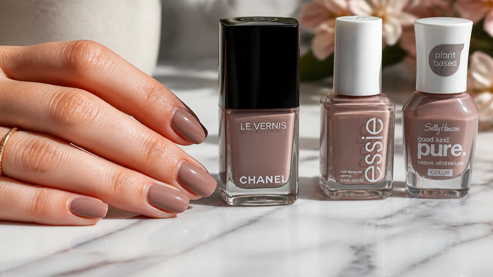 A luxury nail polish bottle beside two drugstore neutral polish bottles on a marble surface