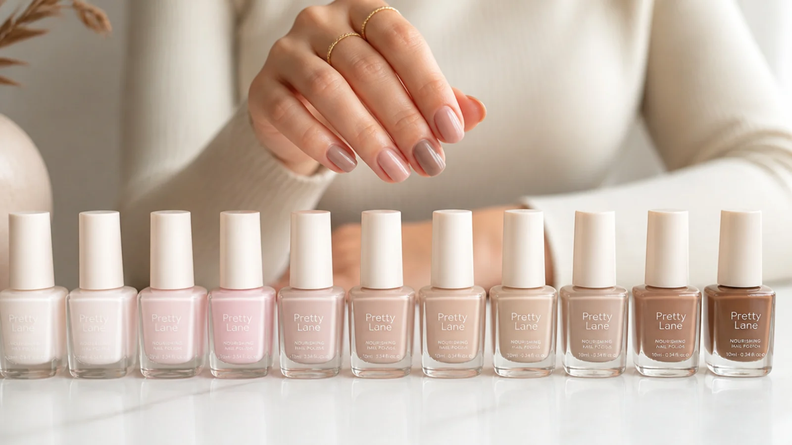 Twelve neutral nail polish bottles lined up from sheer milky pink to mocha brown on a white surface