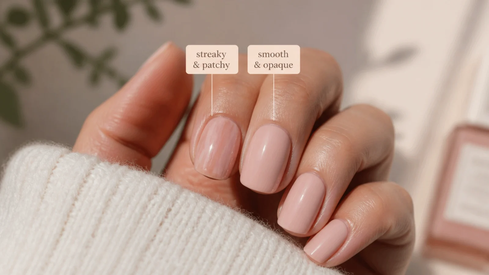 Two nude nails compared, one streaky and patchy and one smooth and evenly opaque