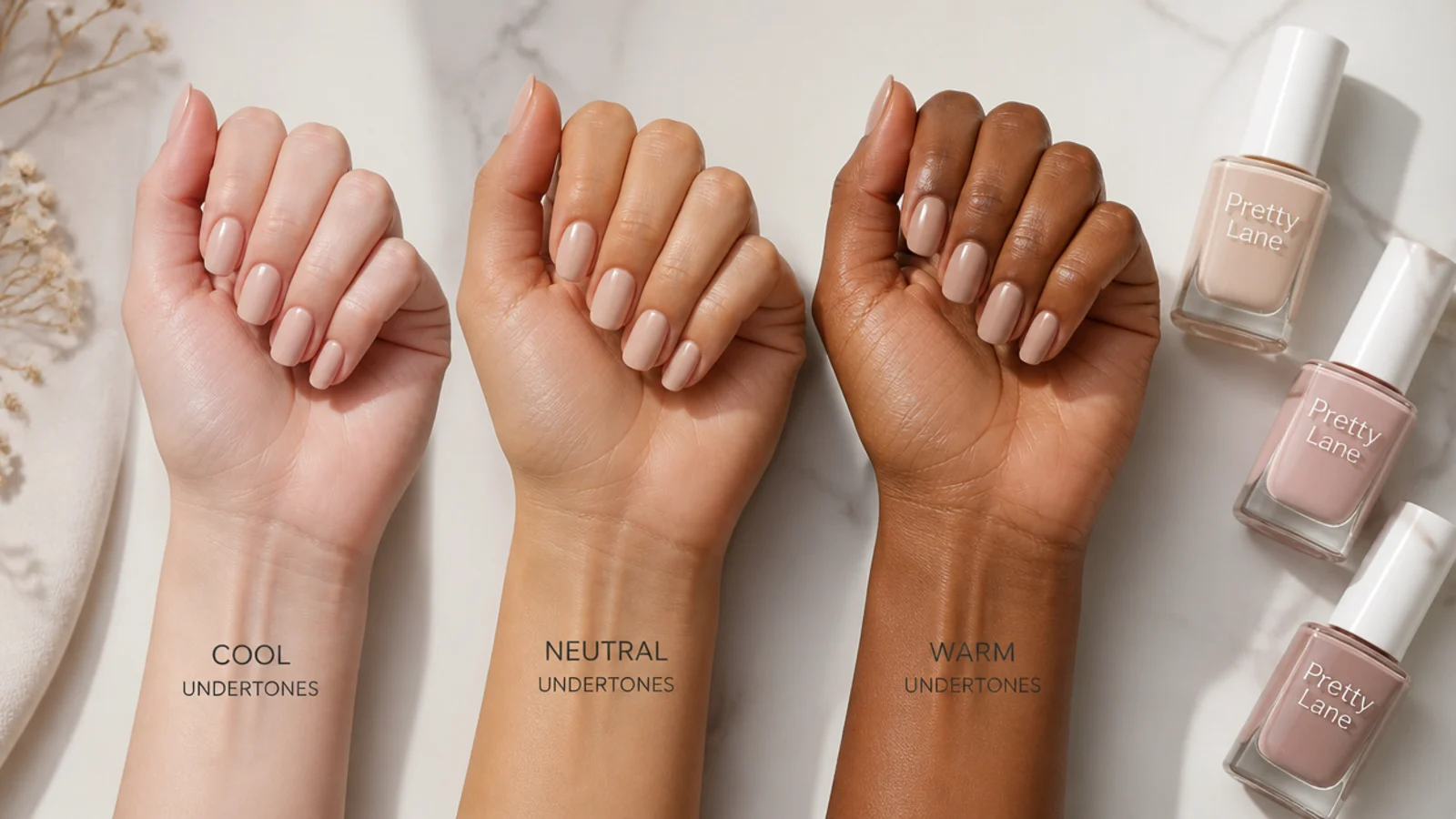 Three wrists compared showing cool, warm and neutral undertones beside matching neutral polish bottles