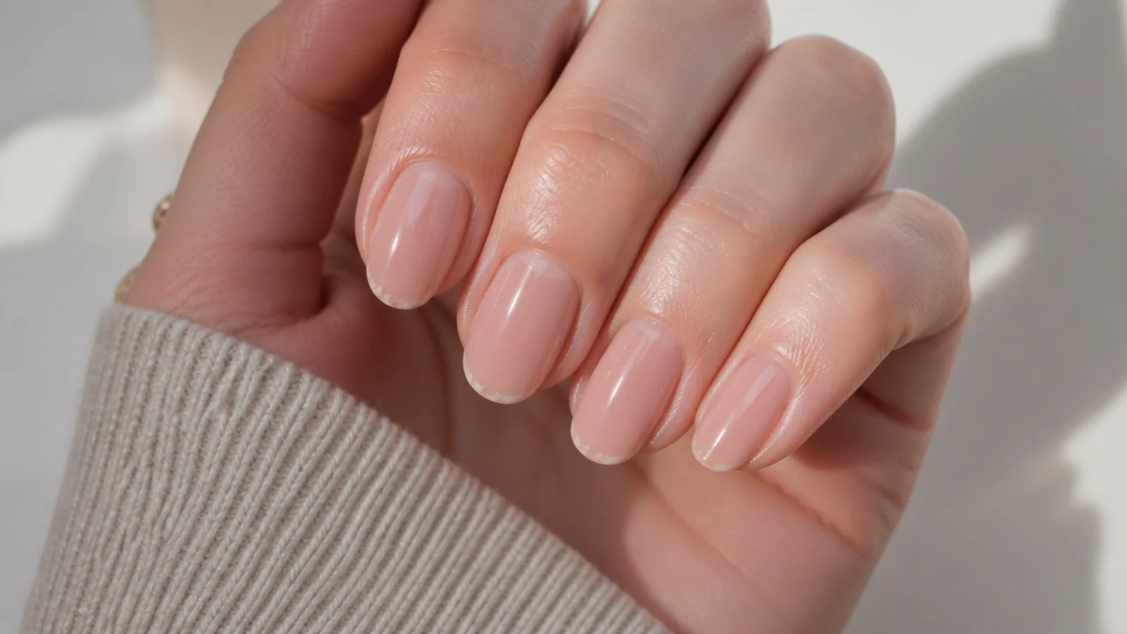 Close-up of a nude manicure at day eight showing minimal chipping at the free edge