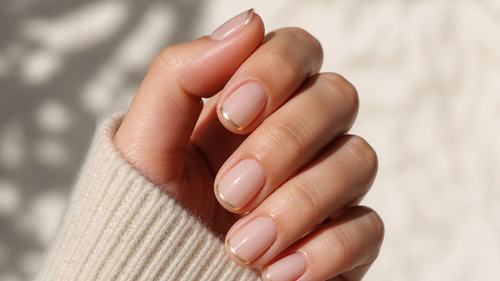 Short nails with a thin gold metallic micro French line over a milky nude base
