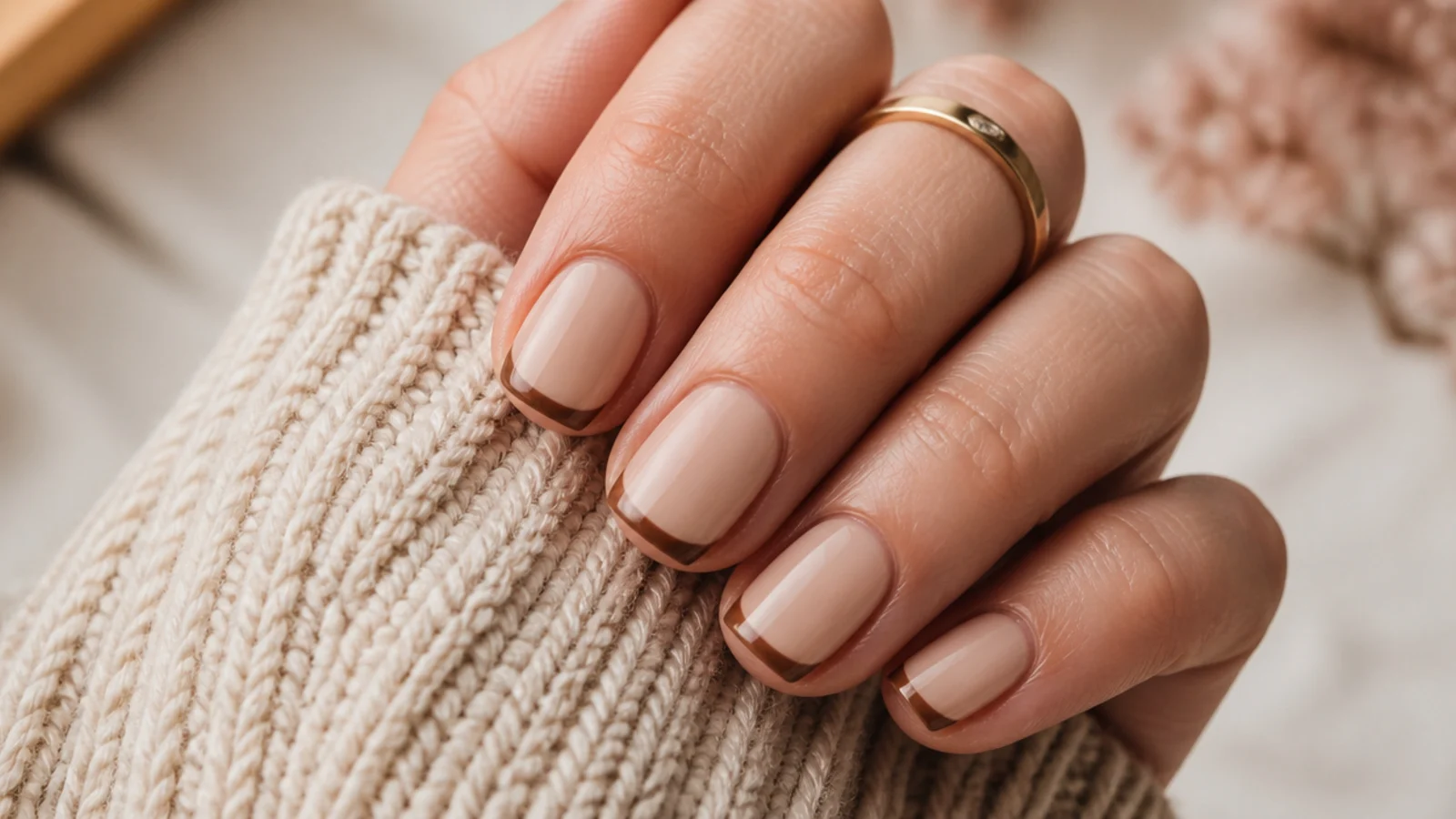 Short squoval nails with a thin mocha brown French tip over a warm beige base