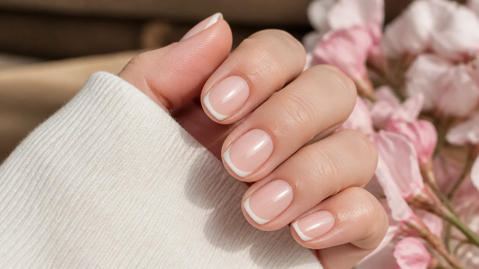 Short nails with a soft off-white French tip over a sheer nude base and high gloss