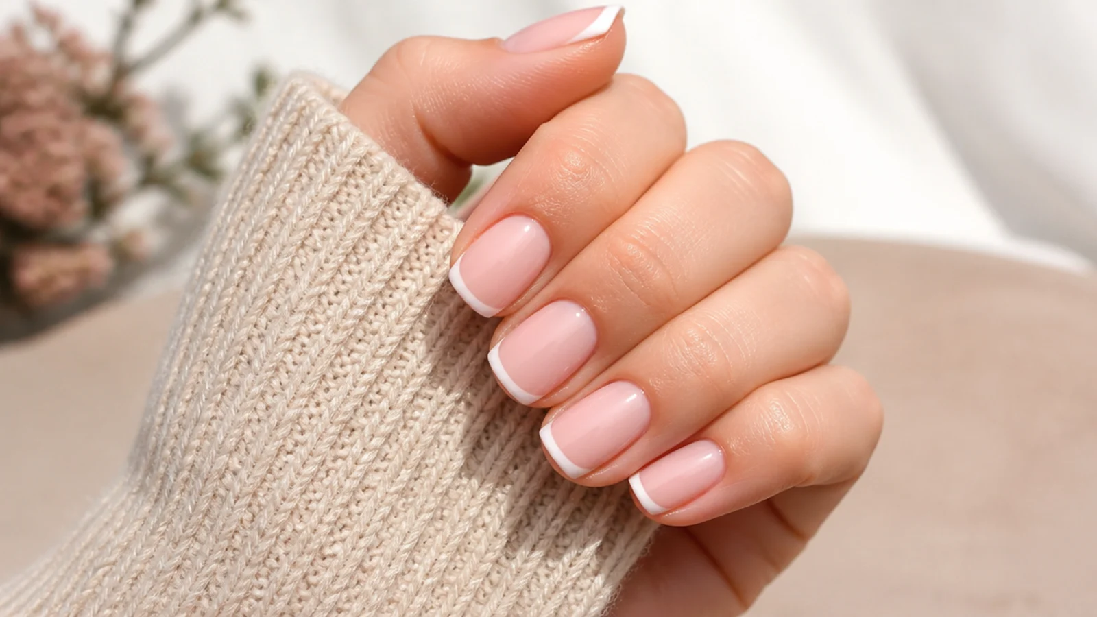 Short squoval nails with a soft white French tip and rounded corners on a pale pink base