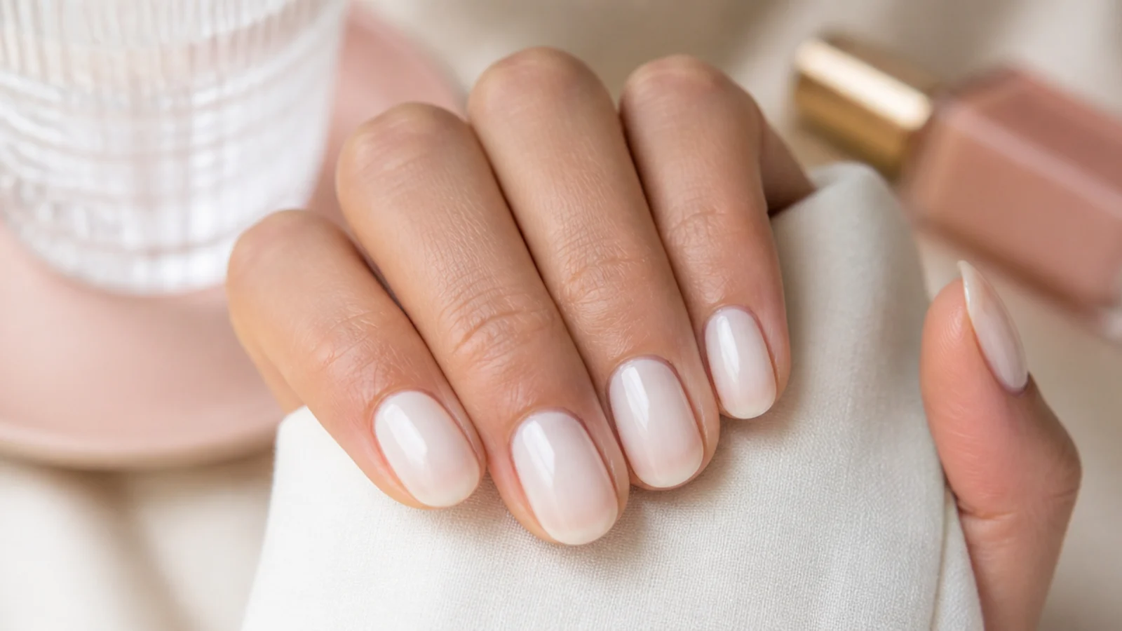 Short soft oval nails in milky white with a semi sheer glossy finish