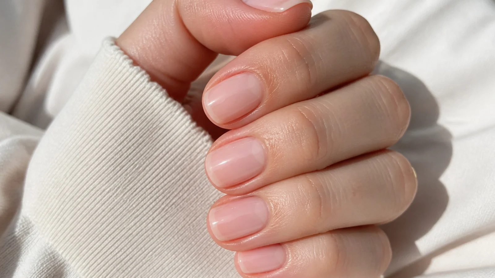 Short nails in sheer ballet pink showing the natural nail through a glossy translucent coat