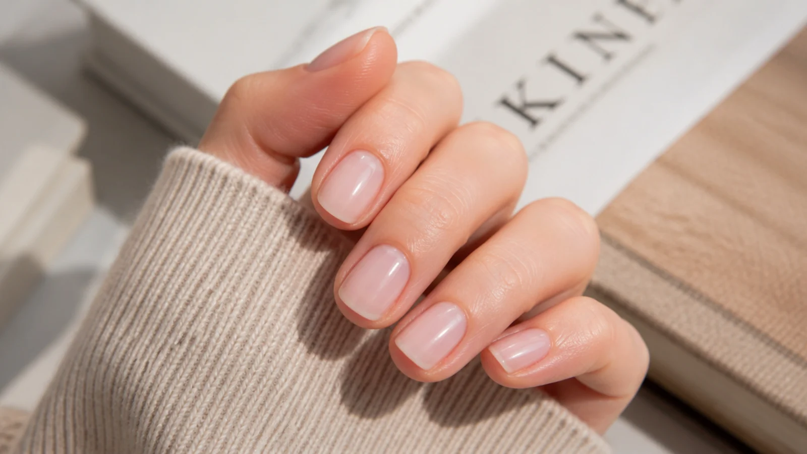 Short natural nails with a glass-like soap nail finish and a faint milky sheen
