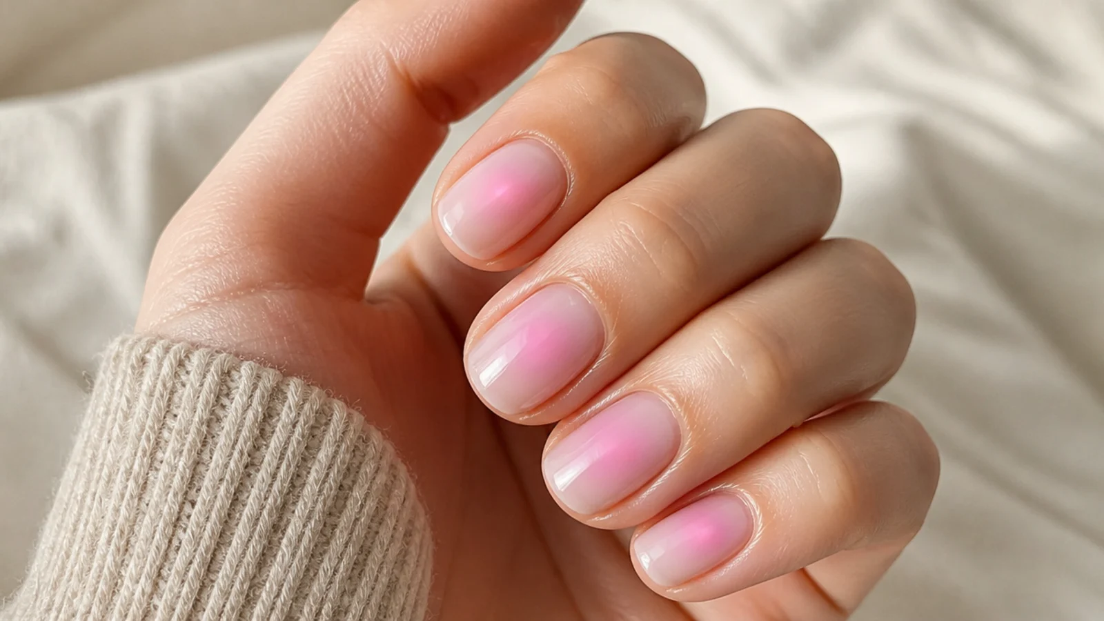 Short nails with a soft milky aura halo glowing from the center of a sheer nude base