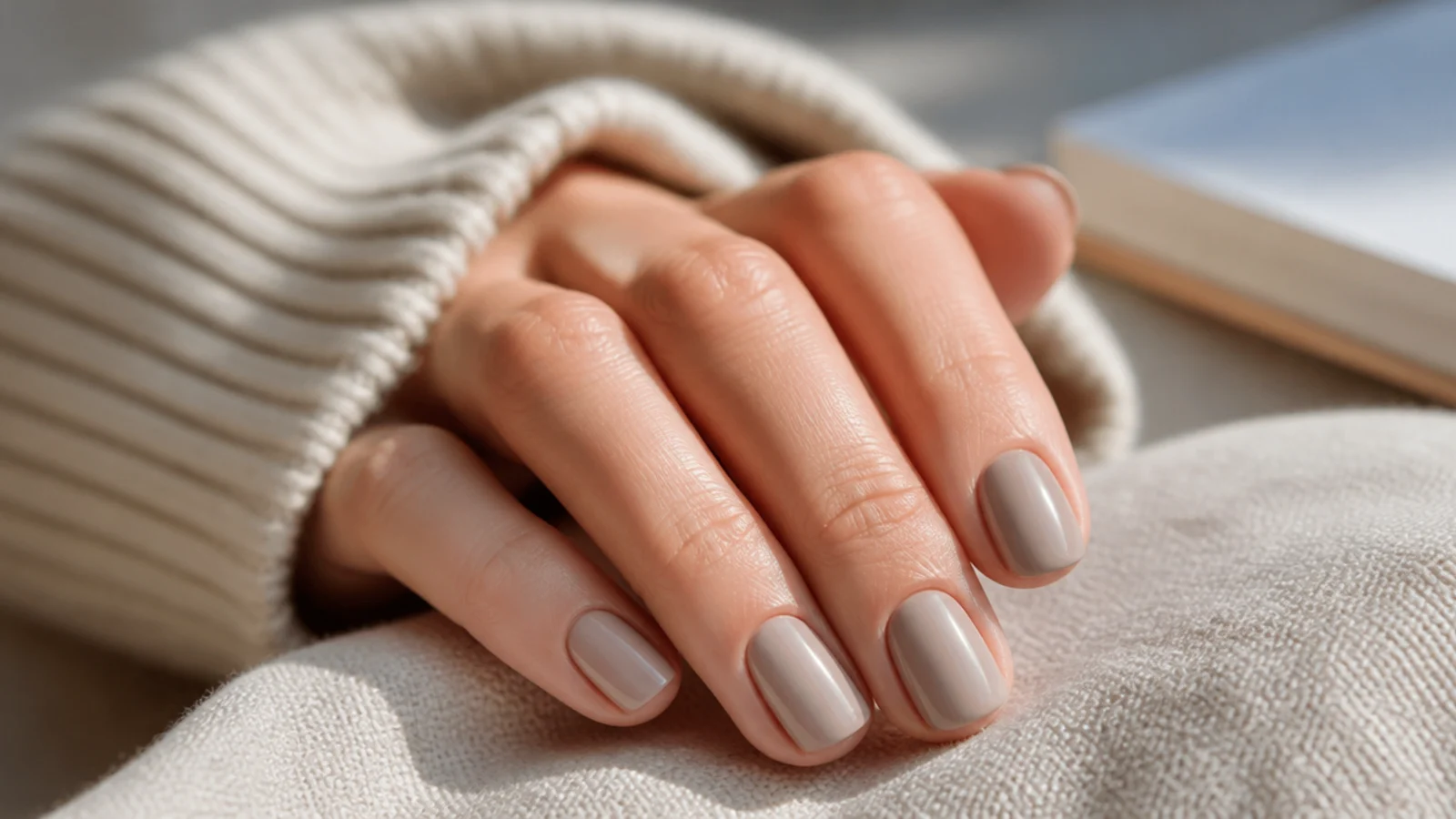 Short oval nails in sheer greige, a gray beige neutral with a soft glossy finish