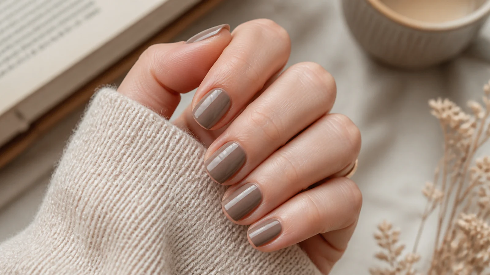Short squoval nails in an opaque warm taupe with a mirror gloss top coat