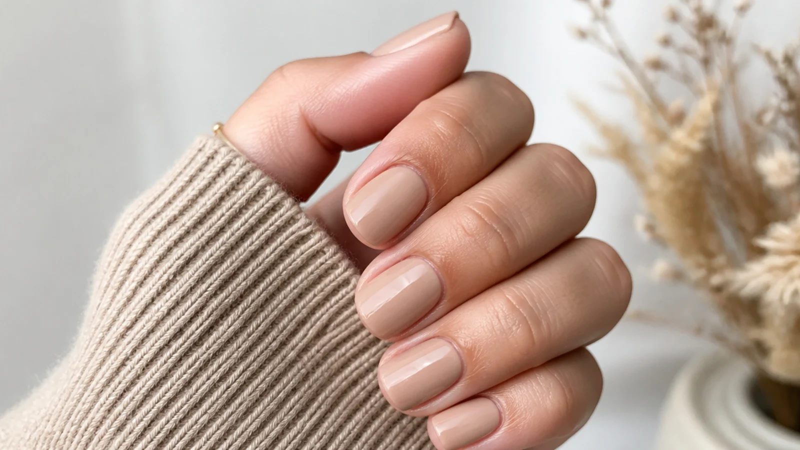 Short nails in a creamy latte beige with a warm milky finish and clean cuticle line