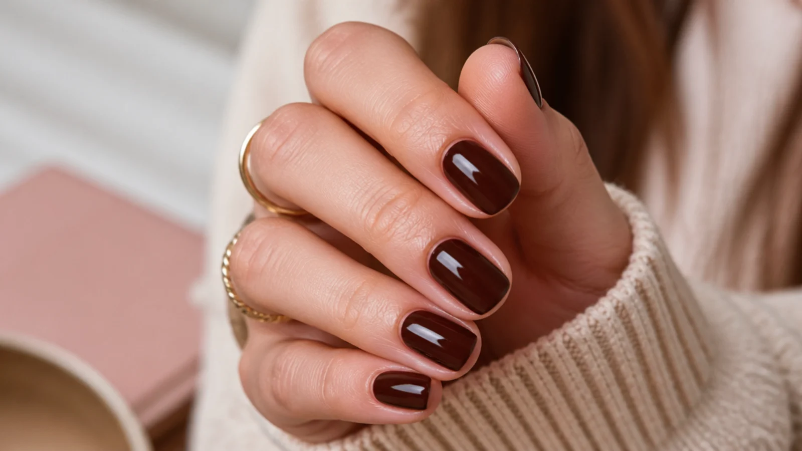 Short soft oval nails in deep espresso brown with a high gloss finish
