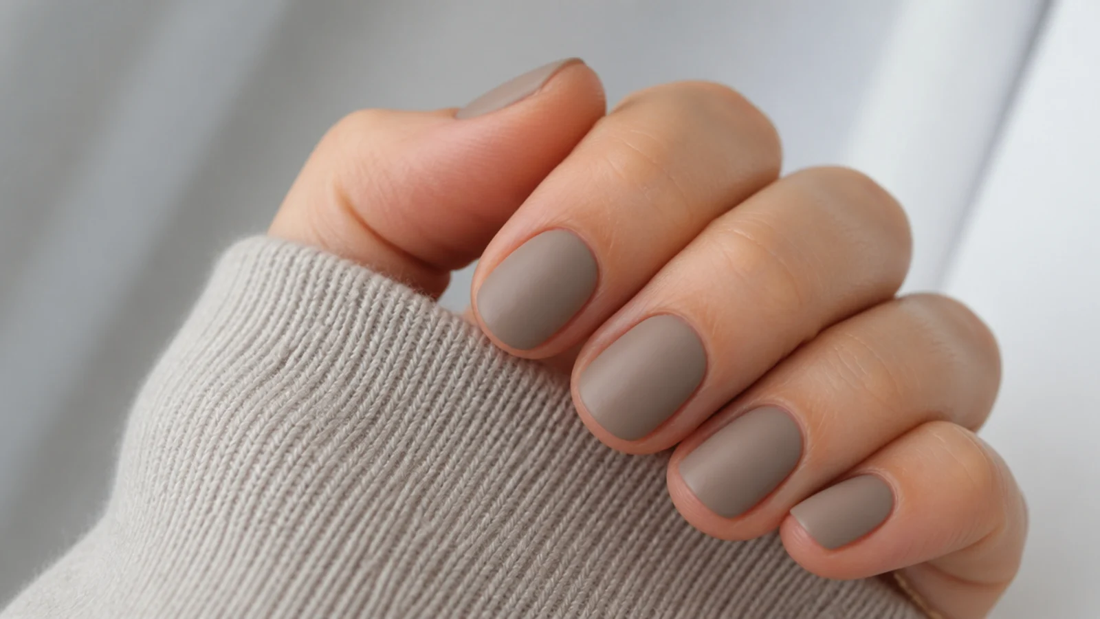 Short nails in gray beige greige with a flat velvet matte top coat