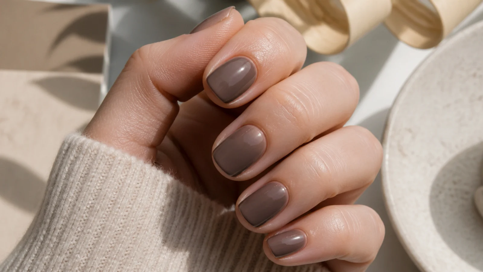 Short oval nails in a muted mushroom brown with a gray undertone and soft gloss