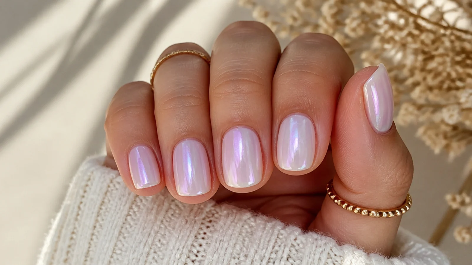 Short nails with a soft pearl chrome sheen shifting pink and lilac over a milky base
