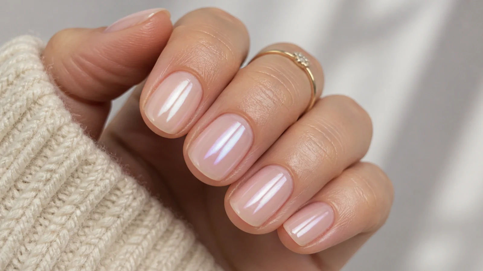 Short nails with a glazed doughnut finish, iridescent white shimmer over a sheer nude base