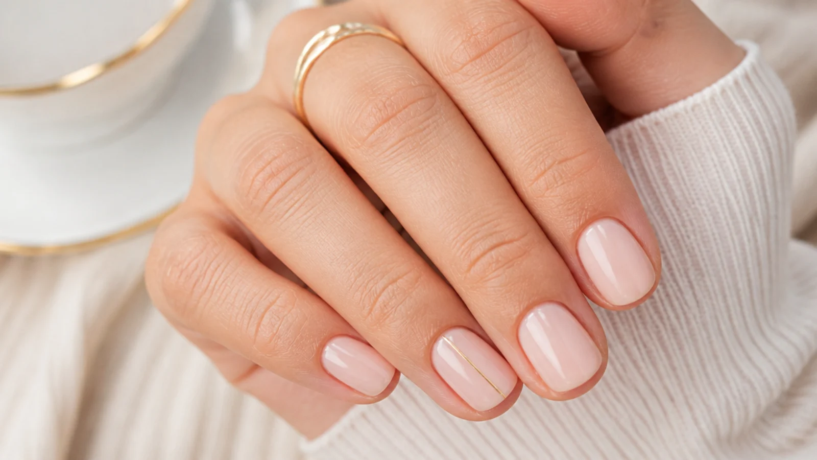 Short nude nails with a single fine gold line running down the ring finger nail