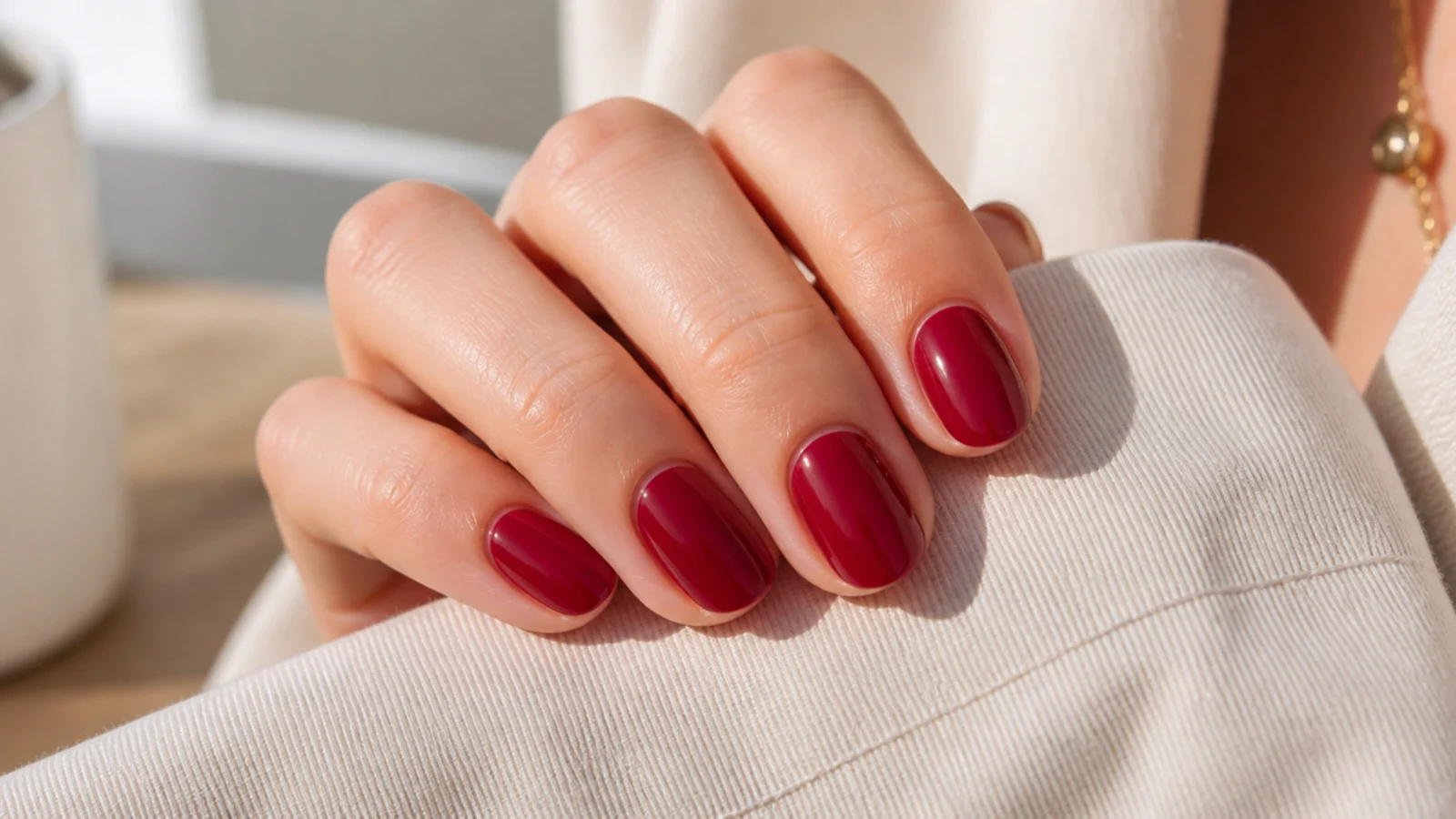 Short soft oval nails in a deep blue based cherry red with a mirror gloss finish