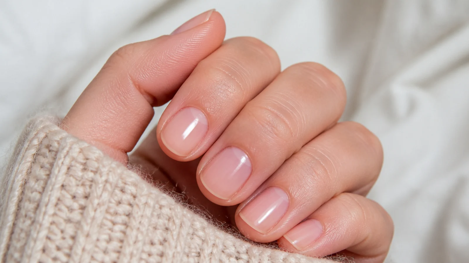 Short bare nails buffed to a natural high shine with tidy cuticles and no polish