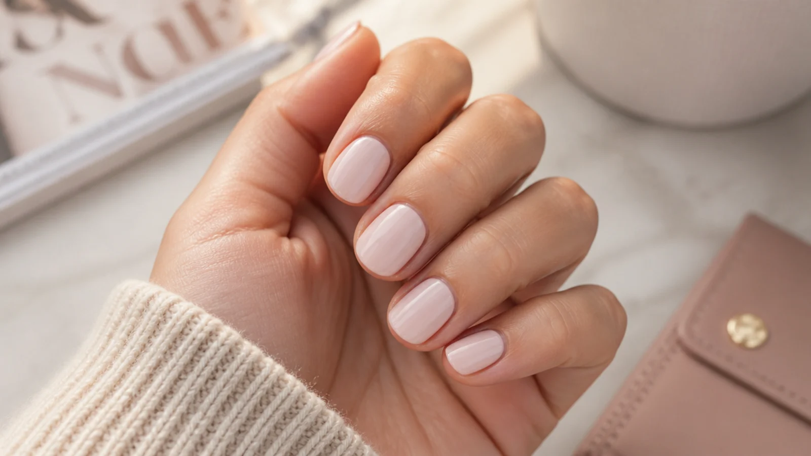 Short classy nails in milky nude with a soft oval shape and high gloss finish