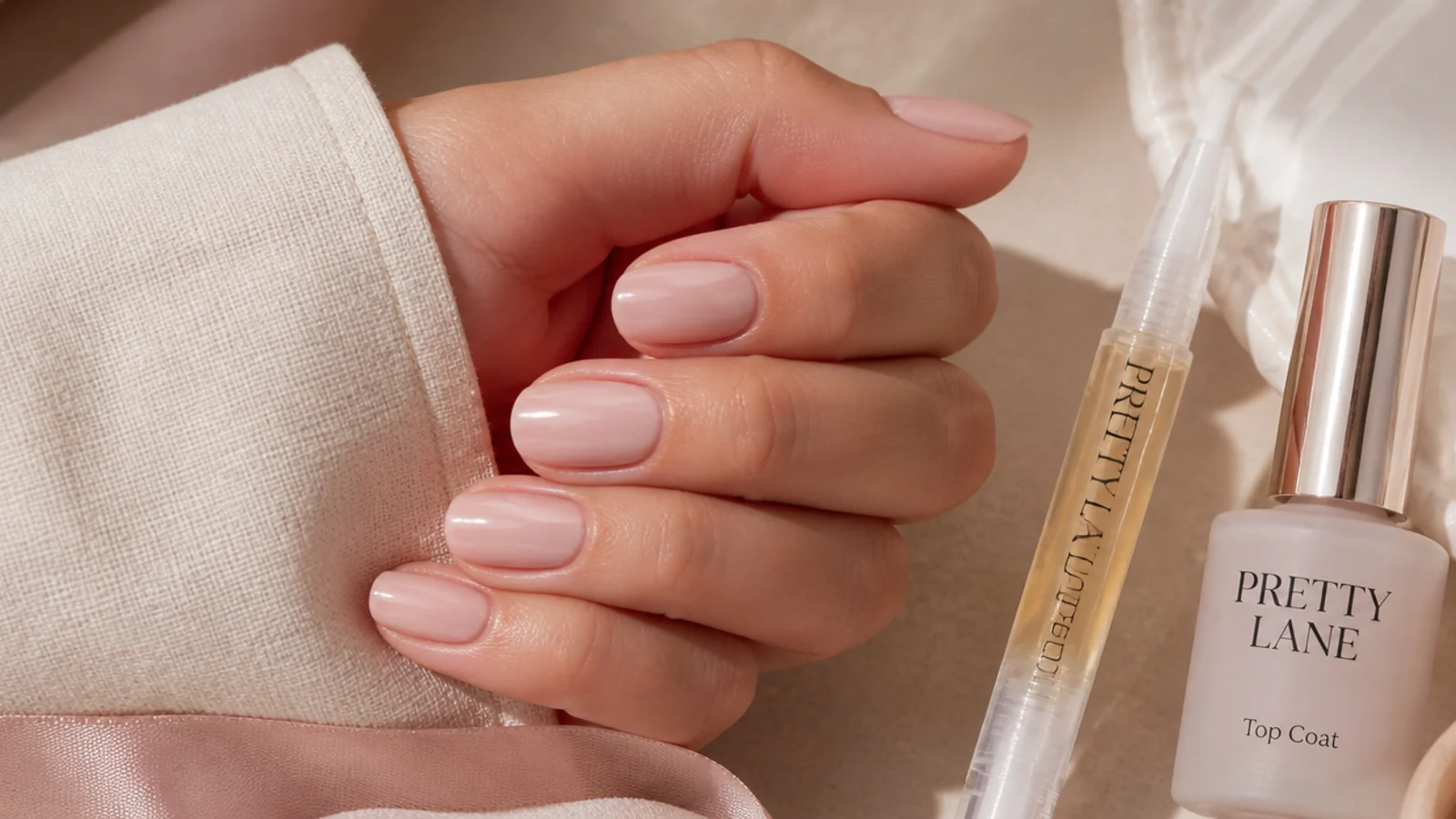 Cuticle oil pen and glossy top coat beside short neutral manicured nails