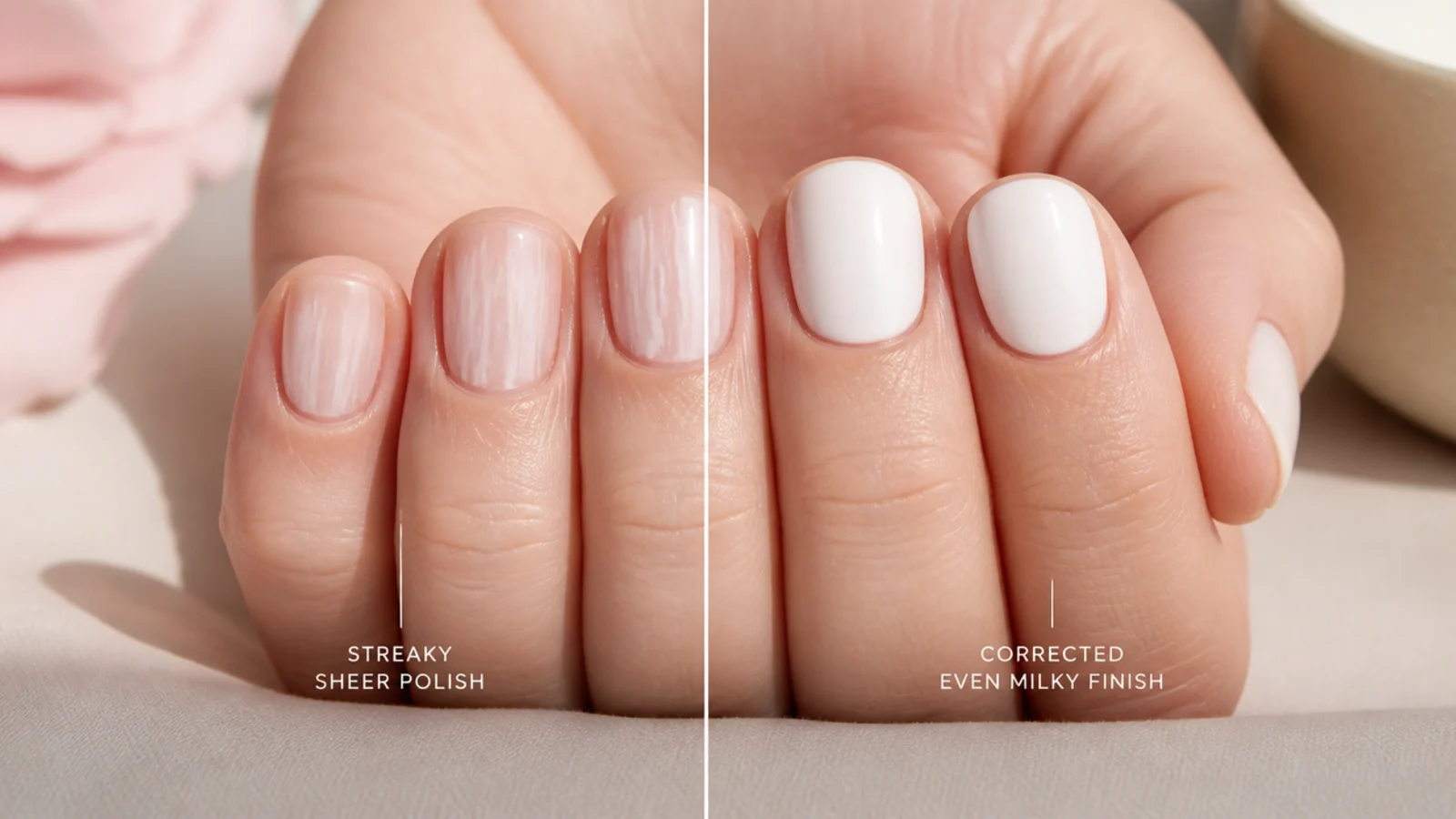 Short nails showing streaky sheer polish beside a corrected even milky white finish