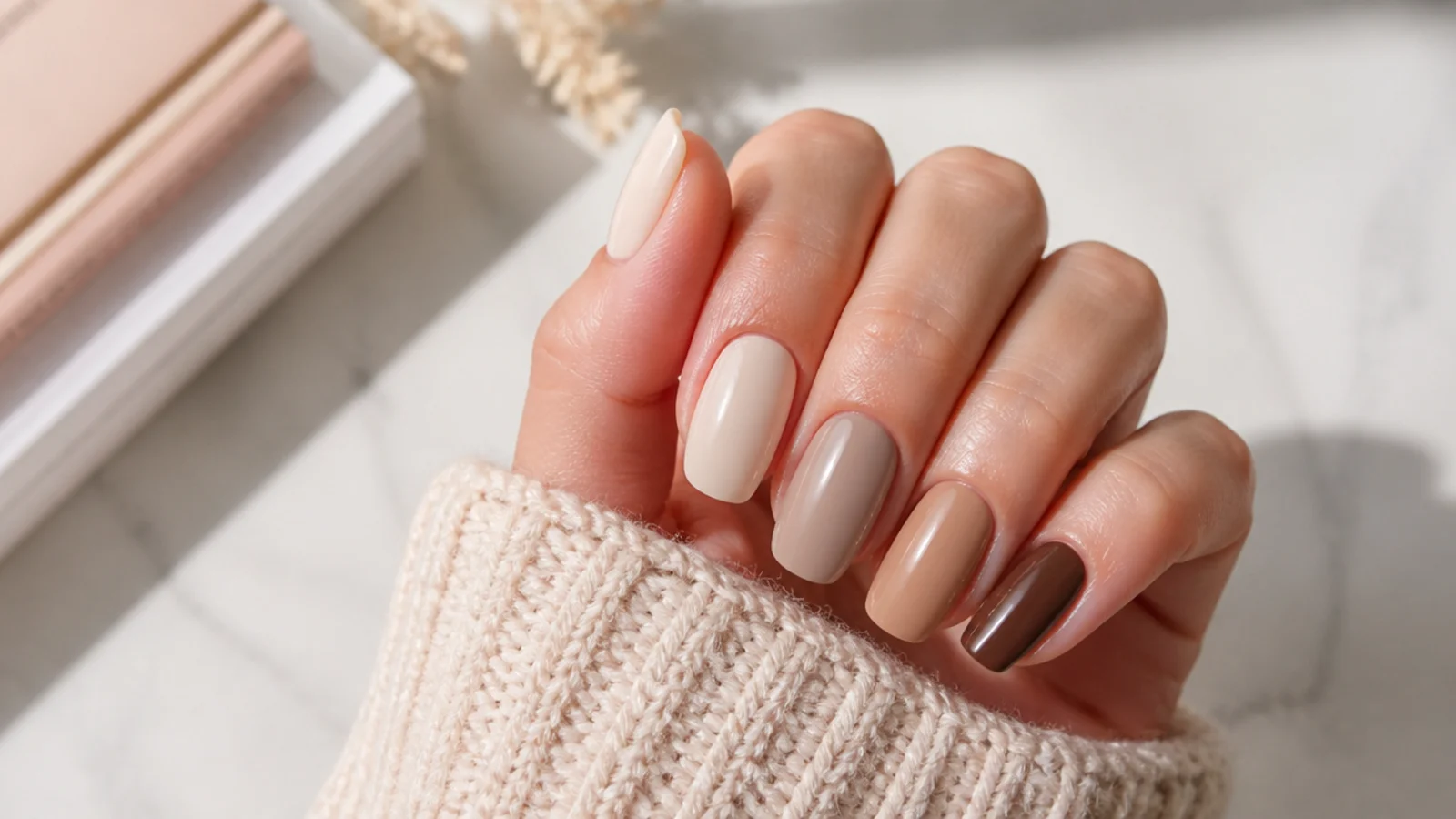 Four neutral nail swatches in milky white, greige, latte beige and espresso brown