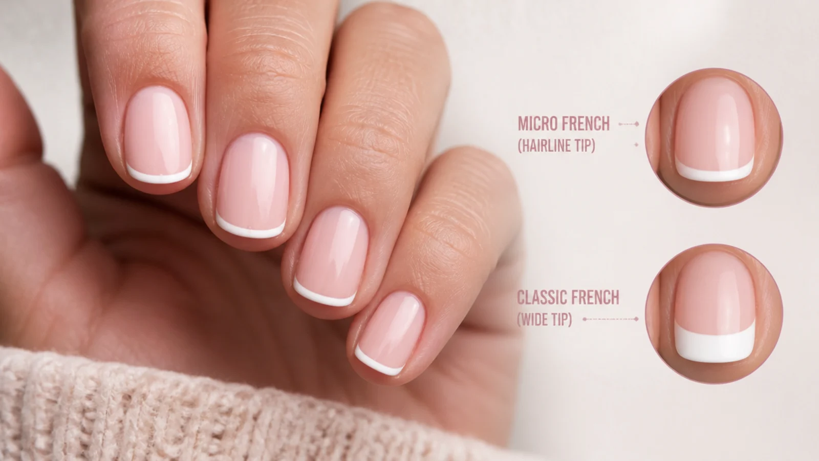 Close up of a short nail with a hairline micro French tip compared to a wide classic French