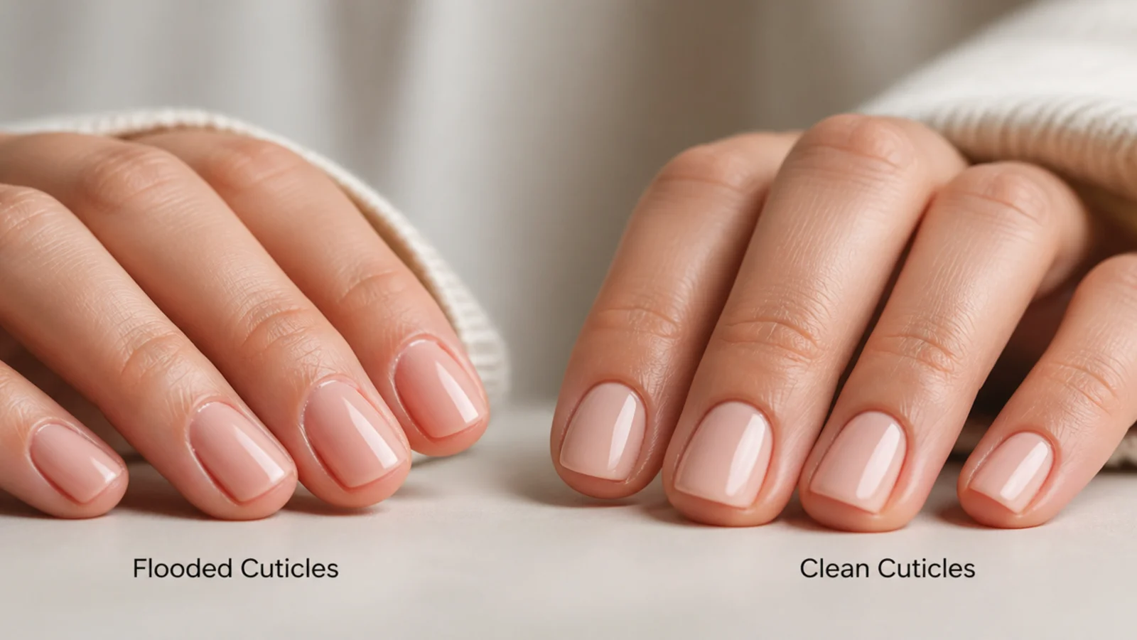 Two short manicures compared, one with flooded cuticles and one with clean tidy edges