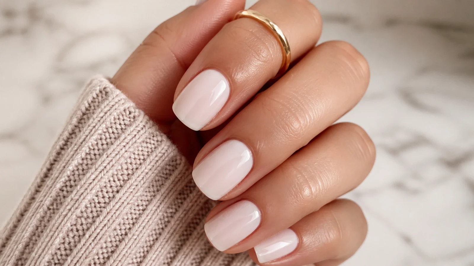 Short milky white nails with a soft translucent finish on a rounded free edge