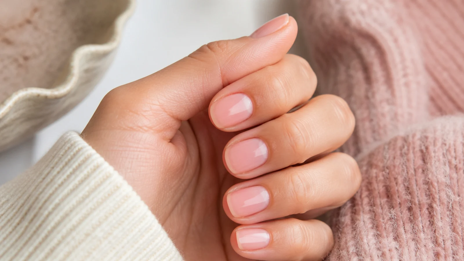 Bare short nails with one sheer pink coat giving a healthy natural tint