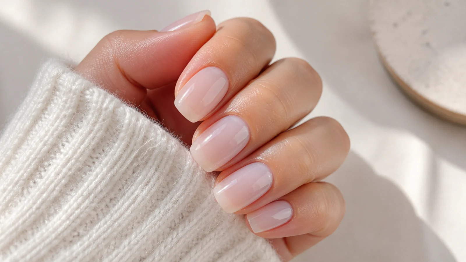 Glassy sheer soap nails with high shine and a barely tinted milky wash