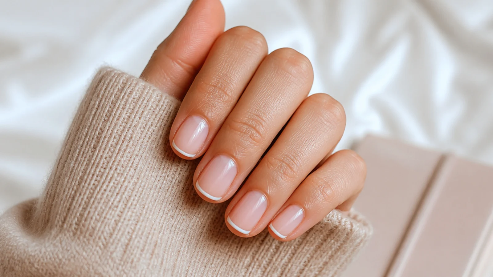 Short nails with a hairline white micro French tip over a bare nude base