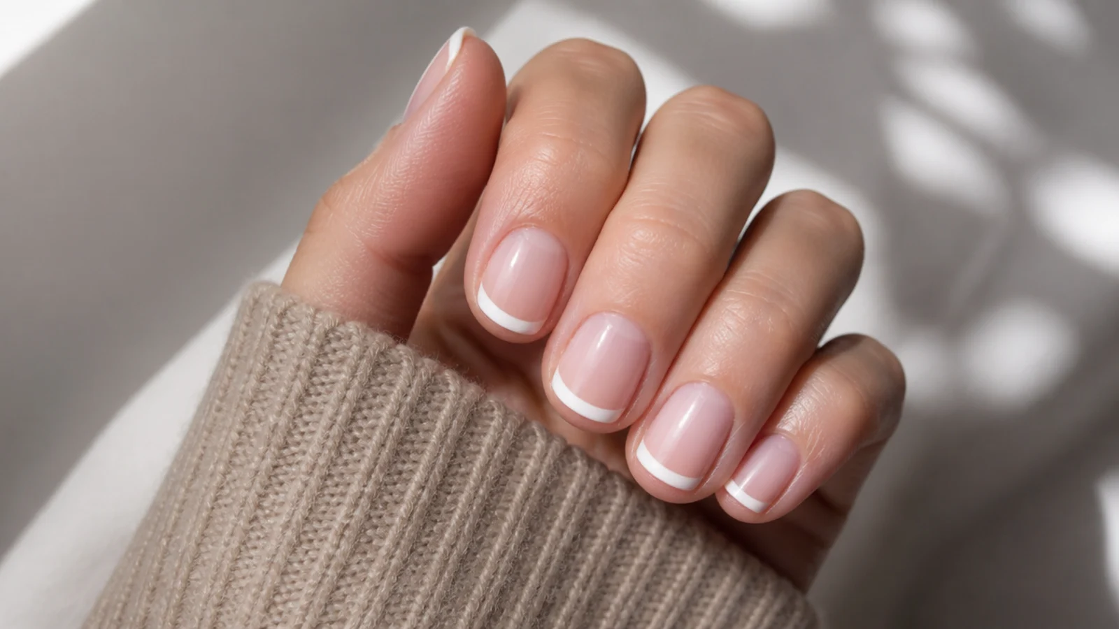 Short squoval nails with a crisp white French tip over a sheer pink base