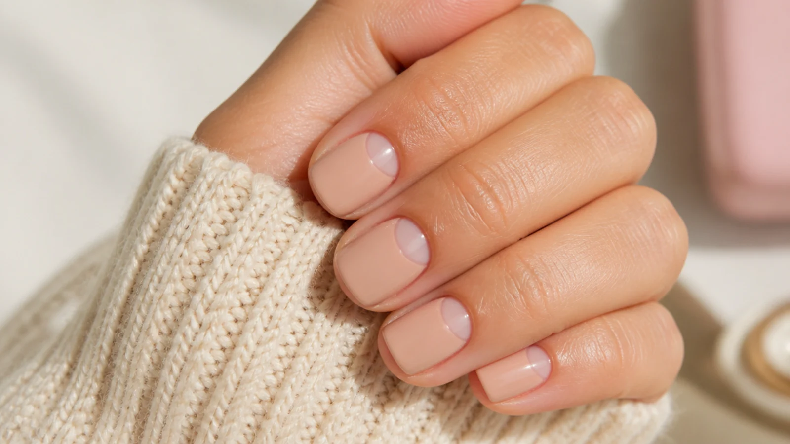Nude short nails with a bare half-moon left unpainted at the cuticle