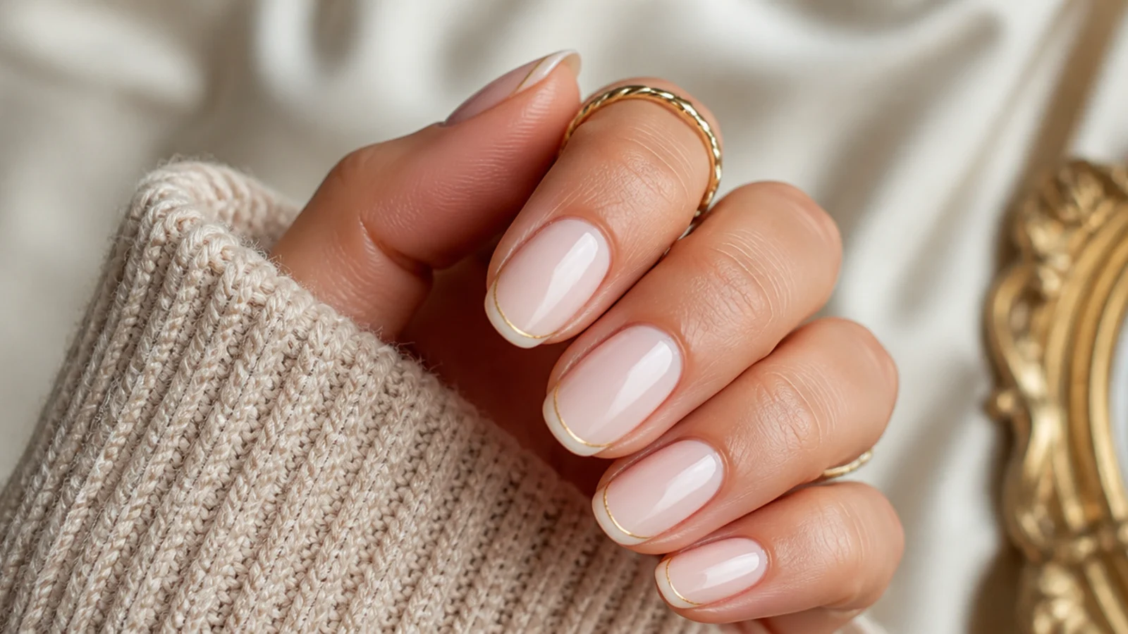 Milky nude nails with a thin gold metallic micro French line at the tip