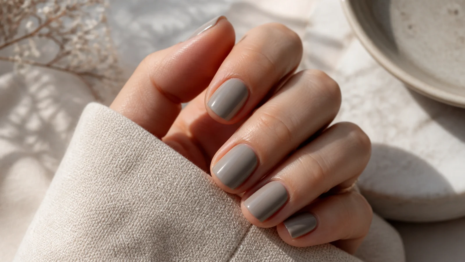 Short squoval nails in a flat gray taupe with a smooth cream finish
