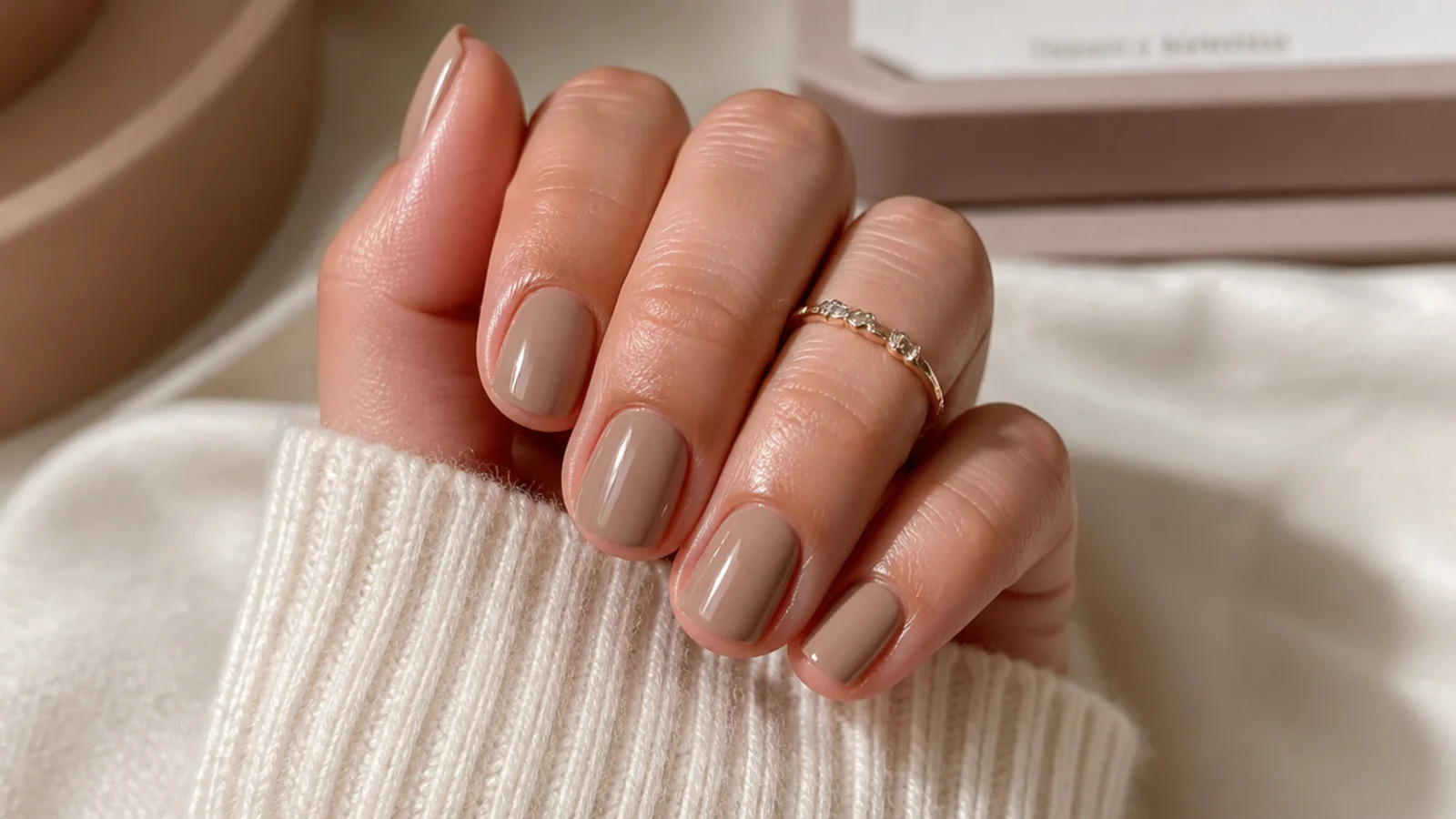 Short nails in a creamy latte brown with a warm milky finish and glossy top coat