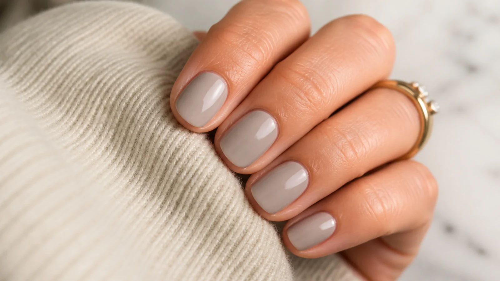 Short nails in a soft greige gray beige with a clean satin sheen